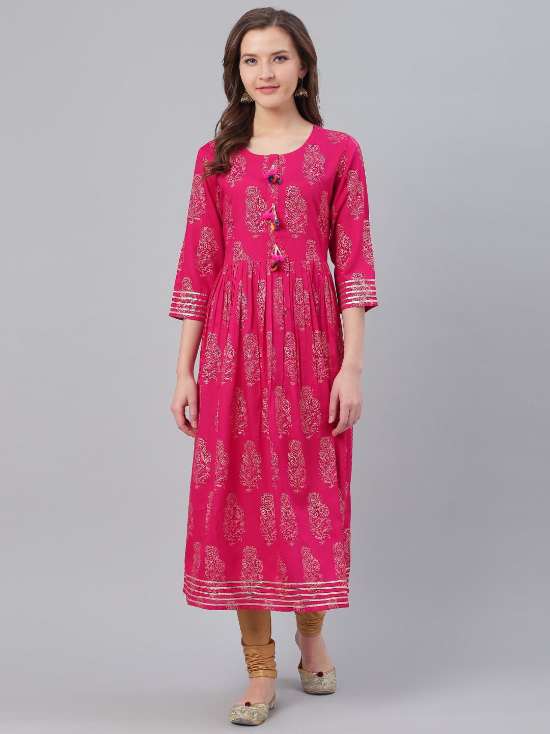 

KSUT Women Pink & Golden Foil Printed A-Line Kurta