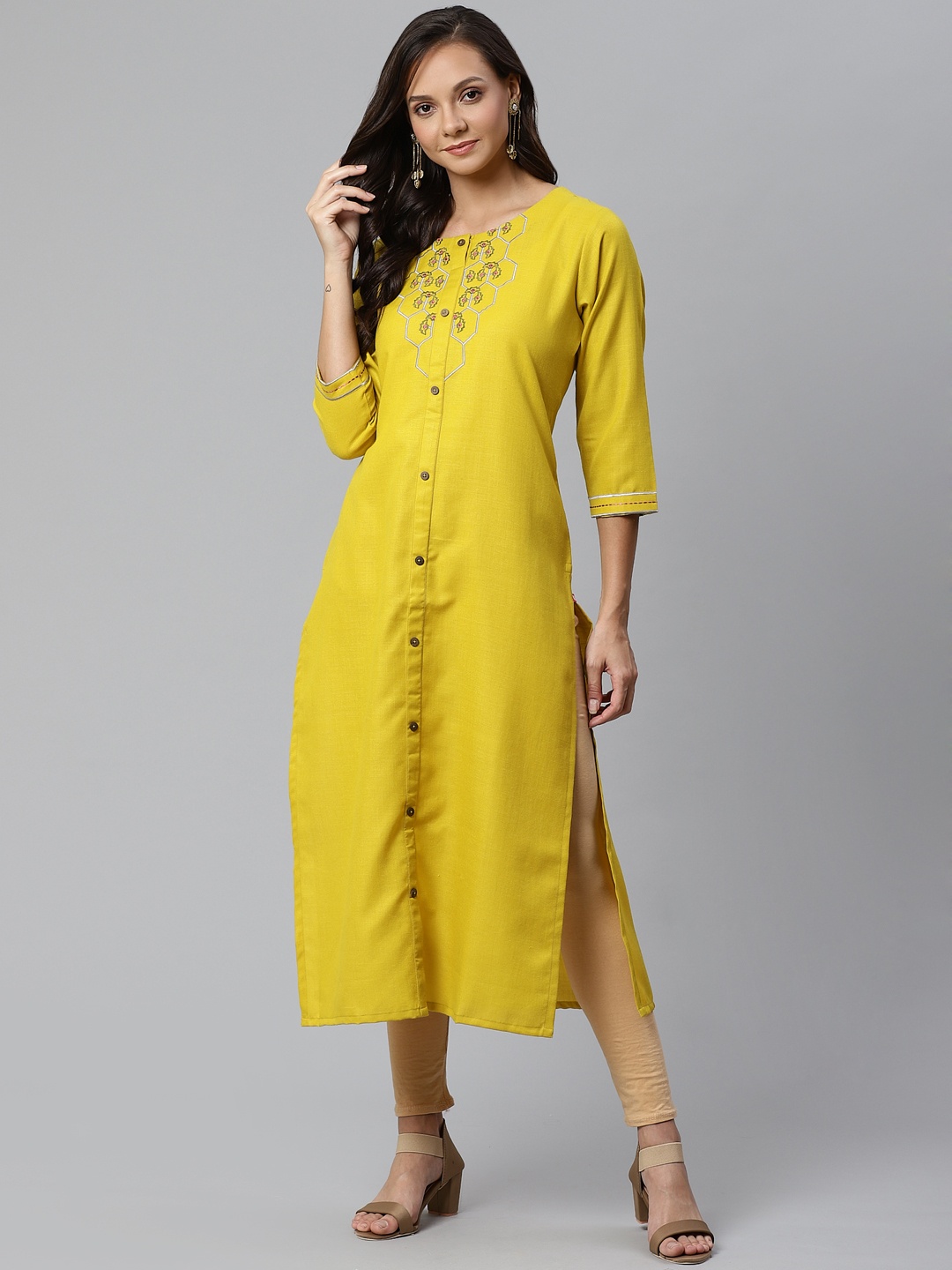 

Varanga Women Mustard Yellow Embroidered Detail Yoke Design Straight Kurta