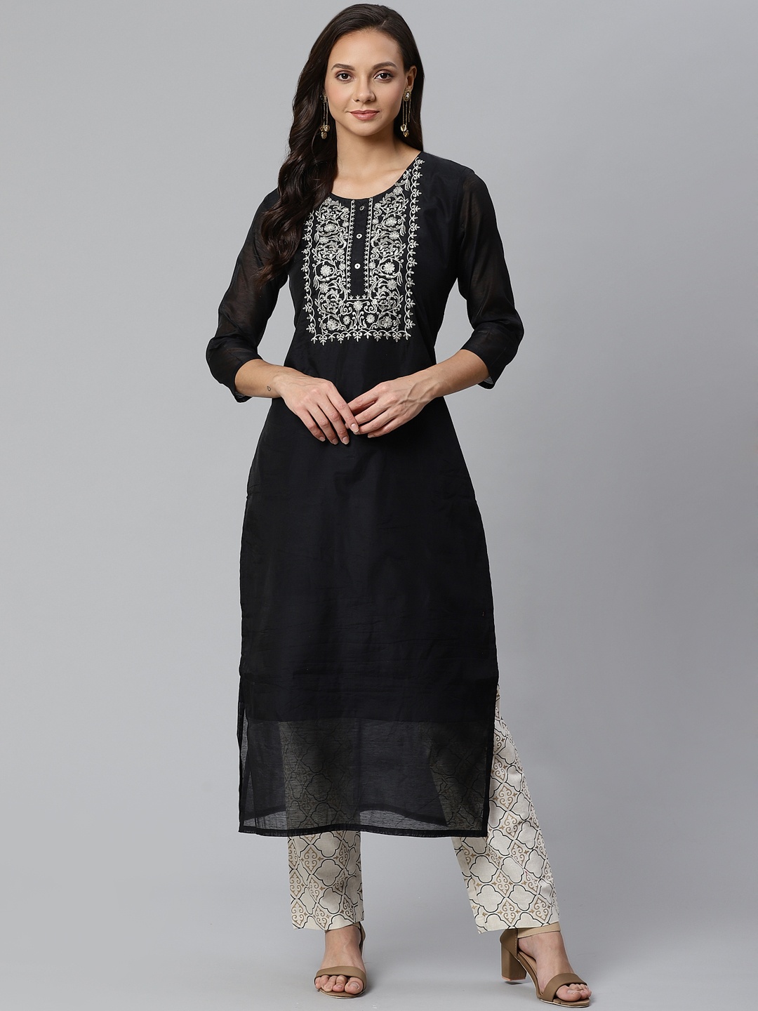

Varanga Women Black & Silver Zari Embroidered Yoke Design Straight Kurta