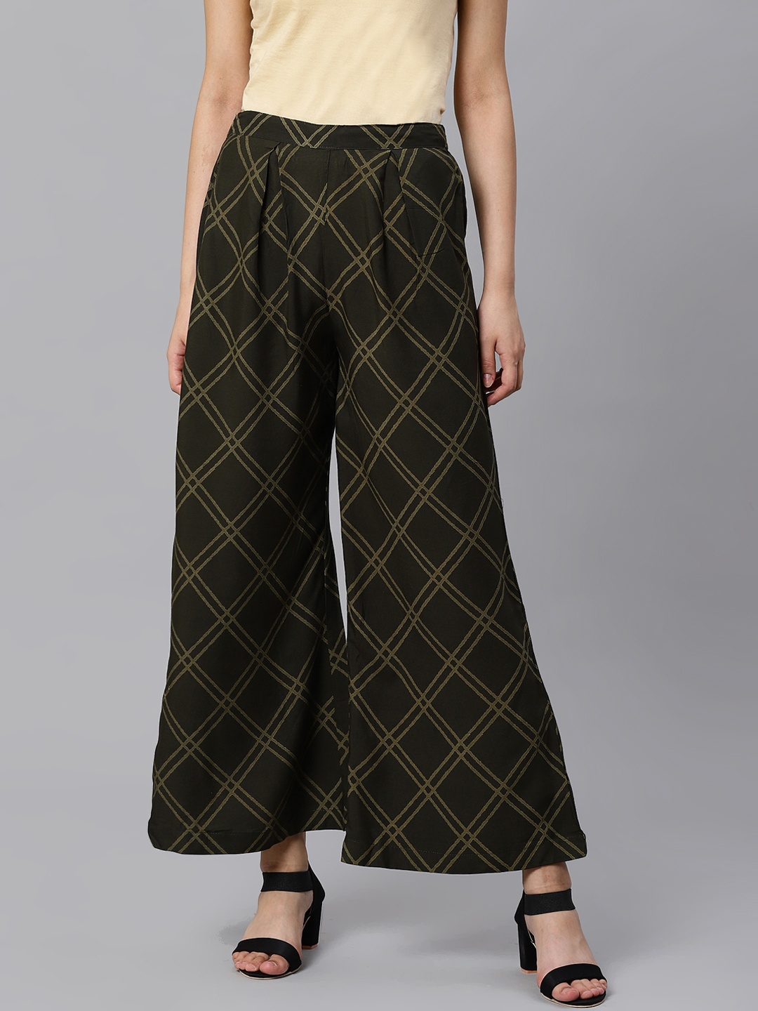 

Kifahari Women Olive Green Geometric Print Flared Palazzos