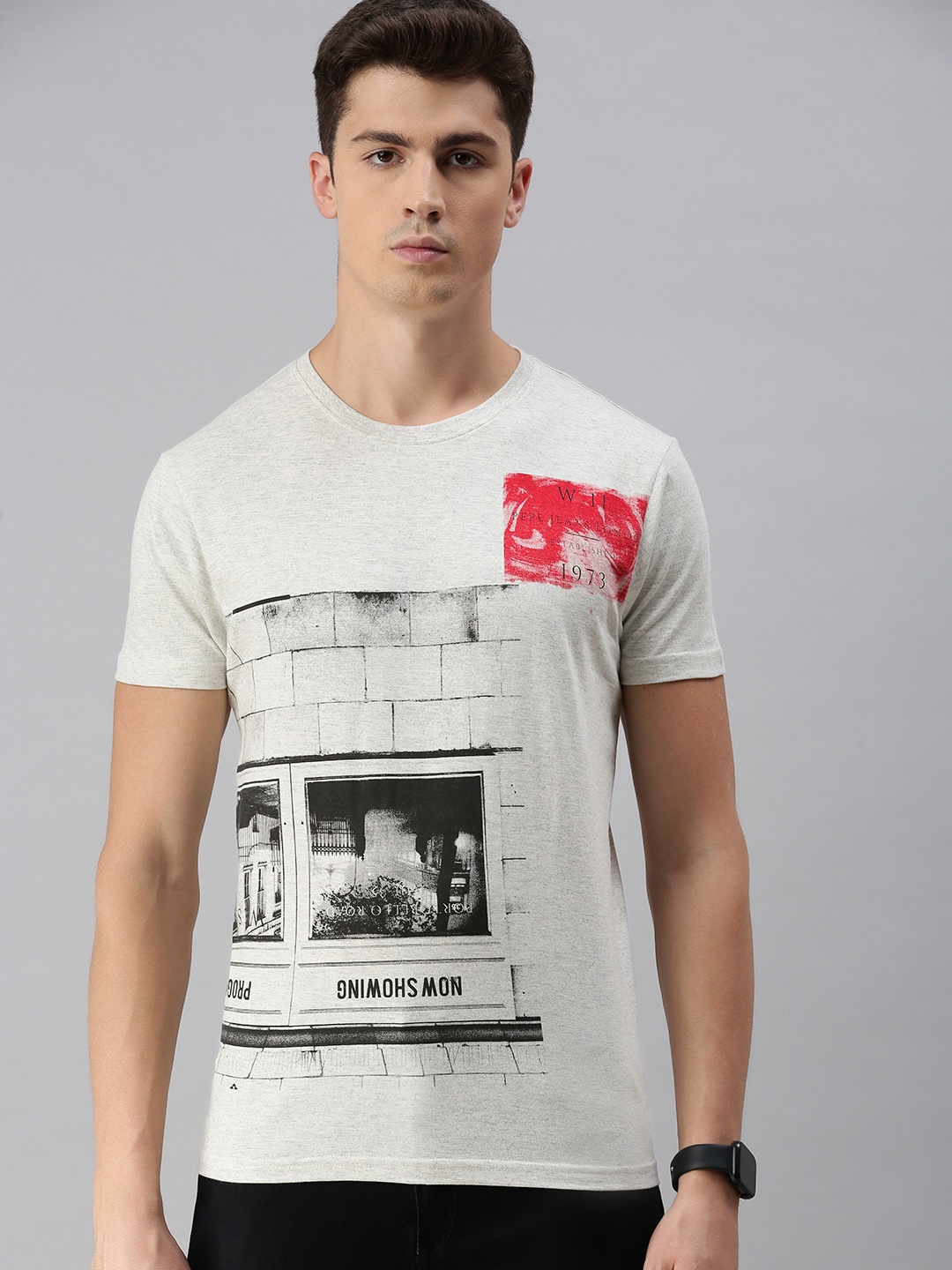 

BEAT LONDON by PEPE JEANS Men Grey Melange Printed Slim Fit Round Neck T-shirt