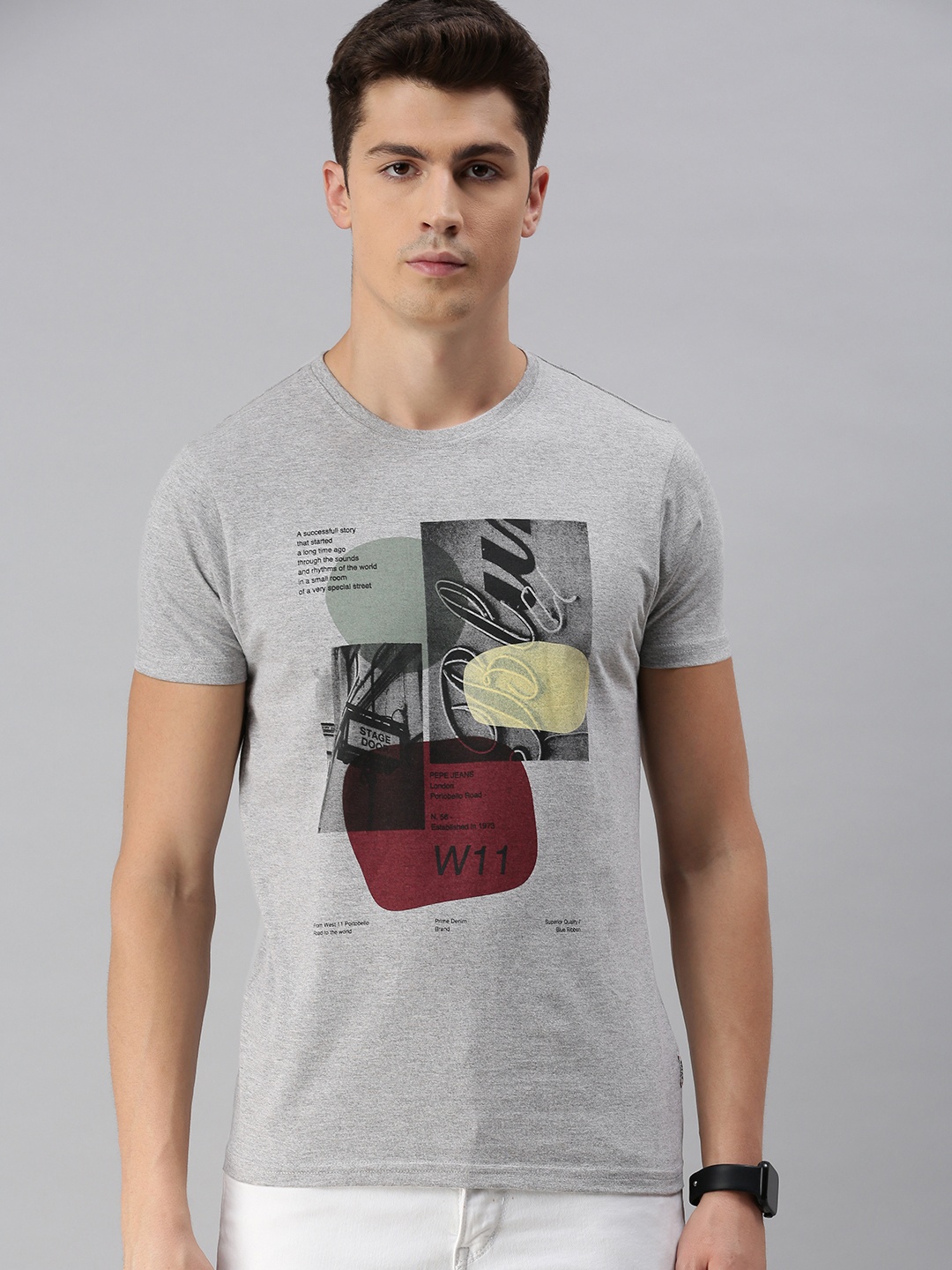 

BEAT LONDON by PEPE JEANS Men Grey Melange Printed Slim Fit Round Neck T-shirt