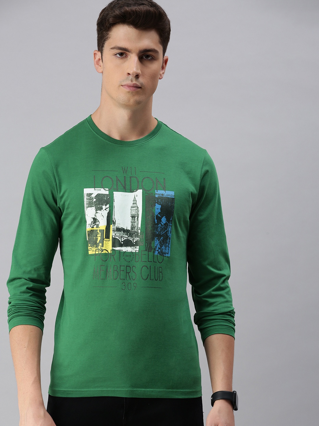 

BEAT LONDON by PEPE JEANS Men Green Printed Slim Fit Round Neck Pure Cotton T-shirt