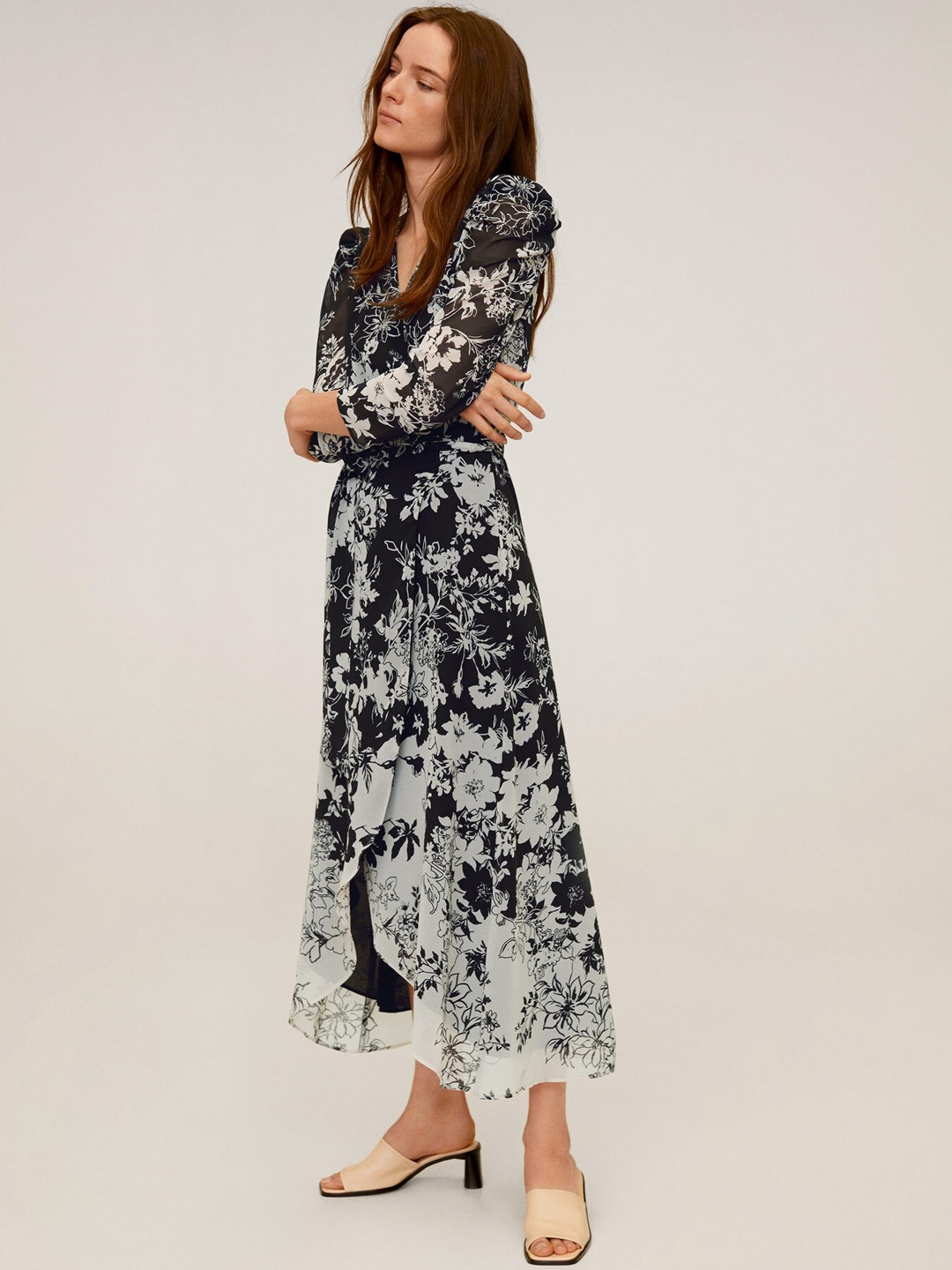 

MANGO Women Black & Off-White Floral Print Wrap Dress