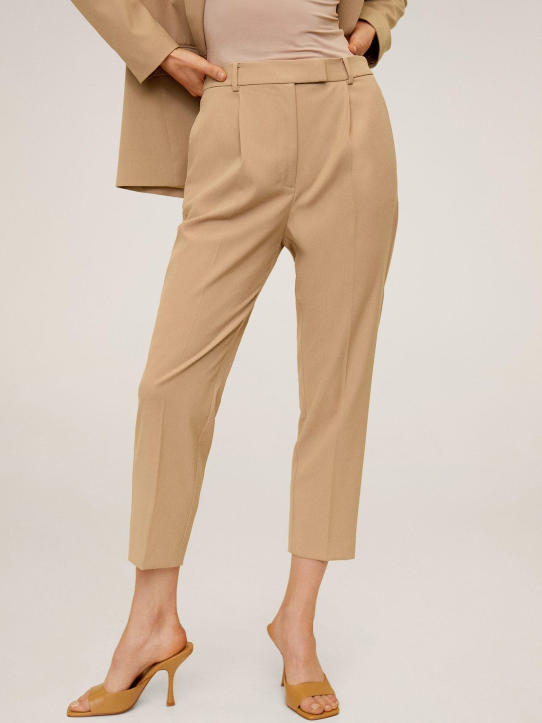 

MANGO Women Beige Regular Fit Solid Cropped Smart Casual Trousers