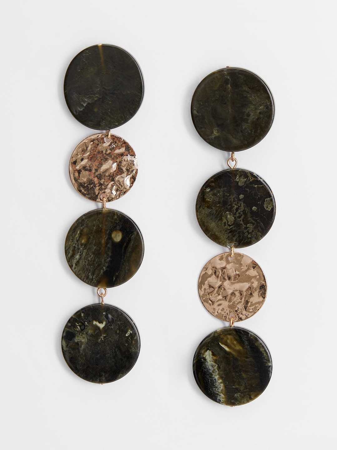 

MANGO Gold-Toned & Olive Green Resin Print Circular Drop Earrings