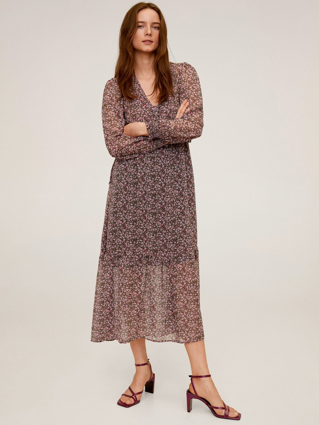 

MANGO Women Pink & Olive Green Floral Print Semi-Sheer Maxi Dress