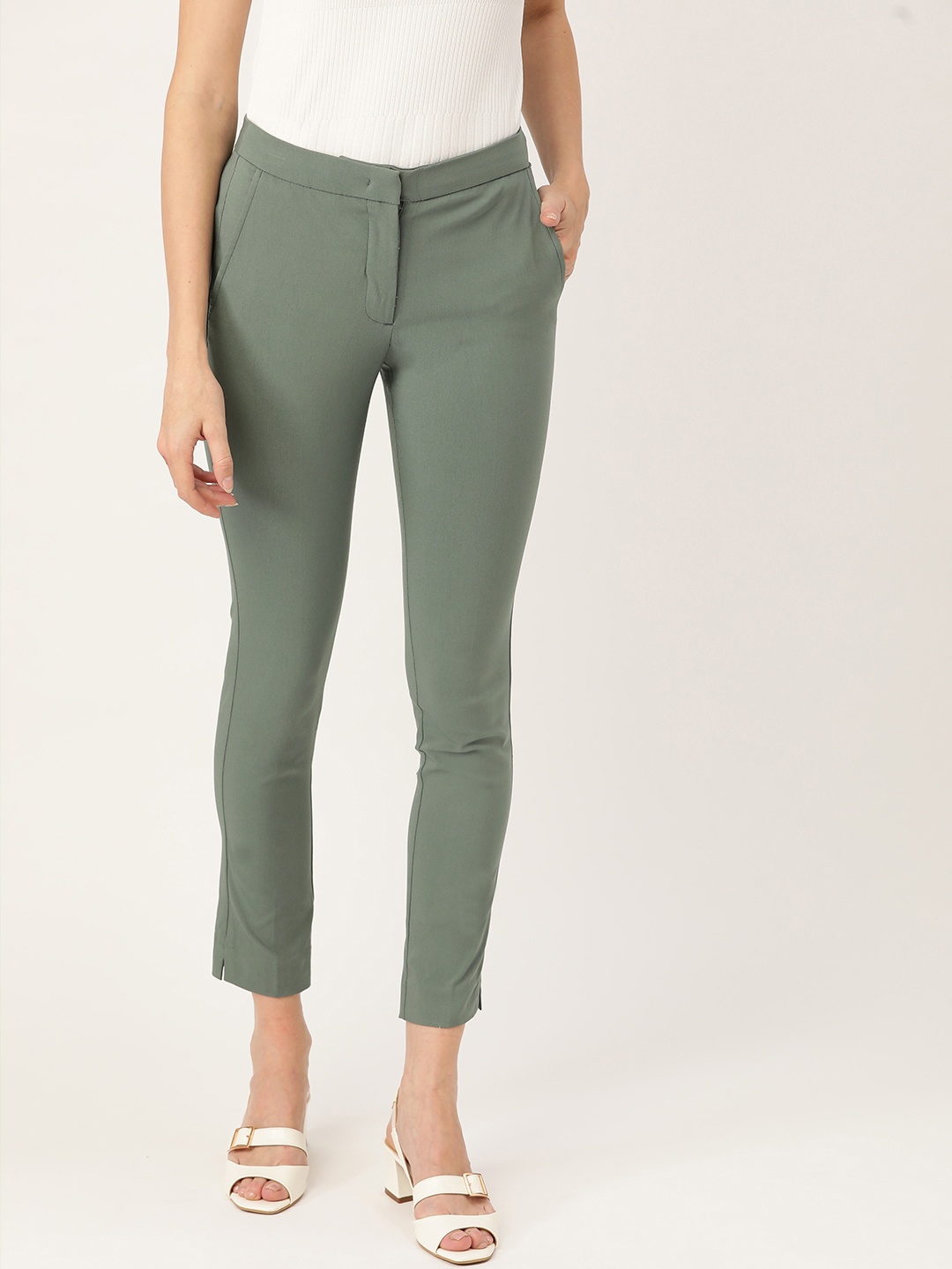 

MANGO Women Olive Green Skinny Fit Solid Regular Trousers