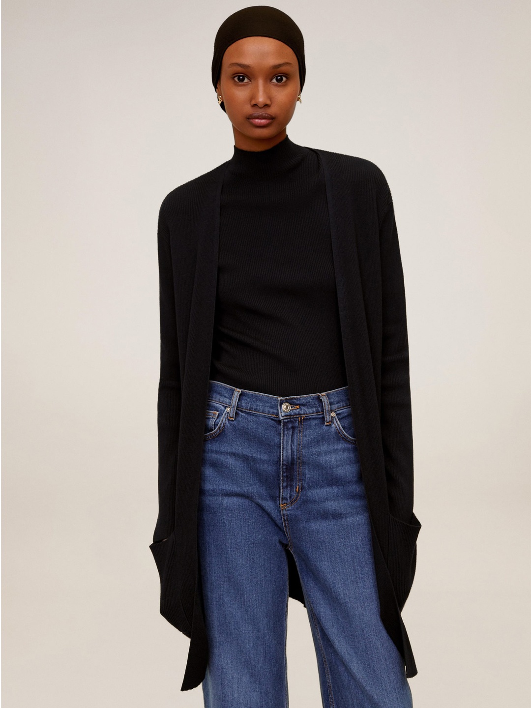 

MANGO Women Black Ribbed Front-Open Cardigan
