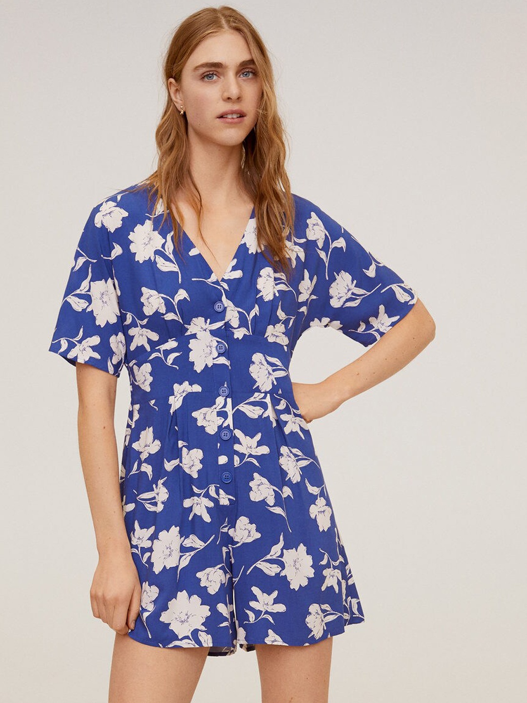 

MANGO Women Blue & White Floral Print Empire Playsuit