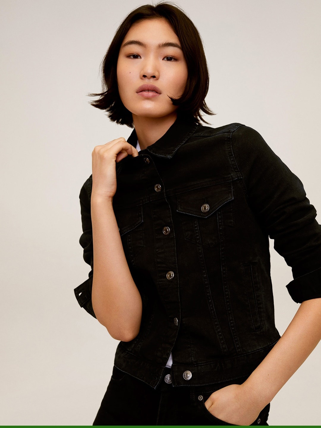 

MANGO Women Black Solid Denim Sustainable Jacket