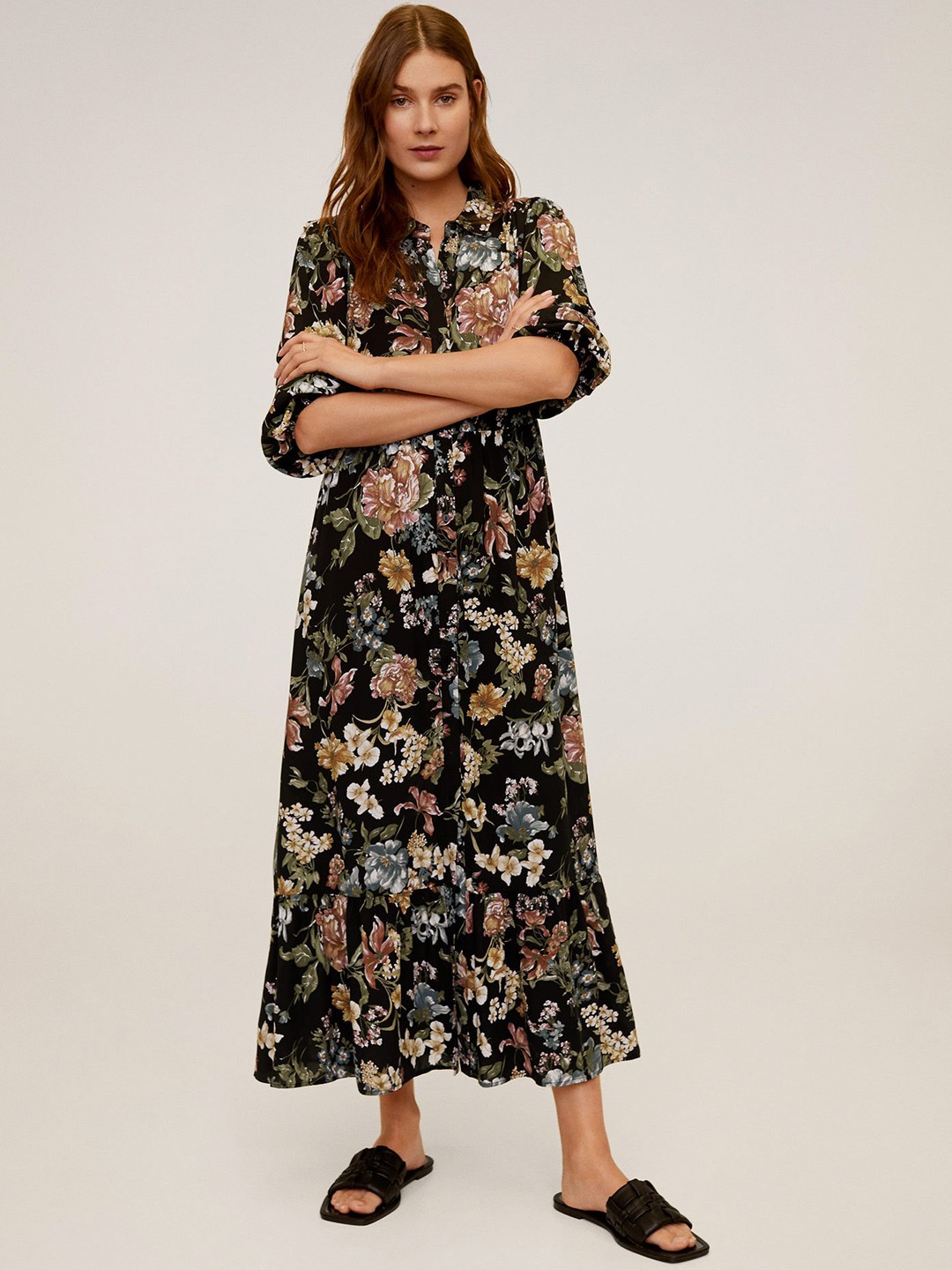 

MANGO Women Black & Beige Floral Print Maxi Dress