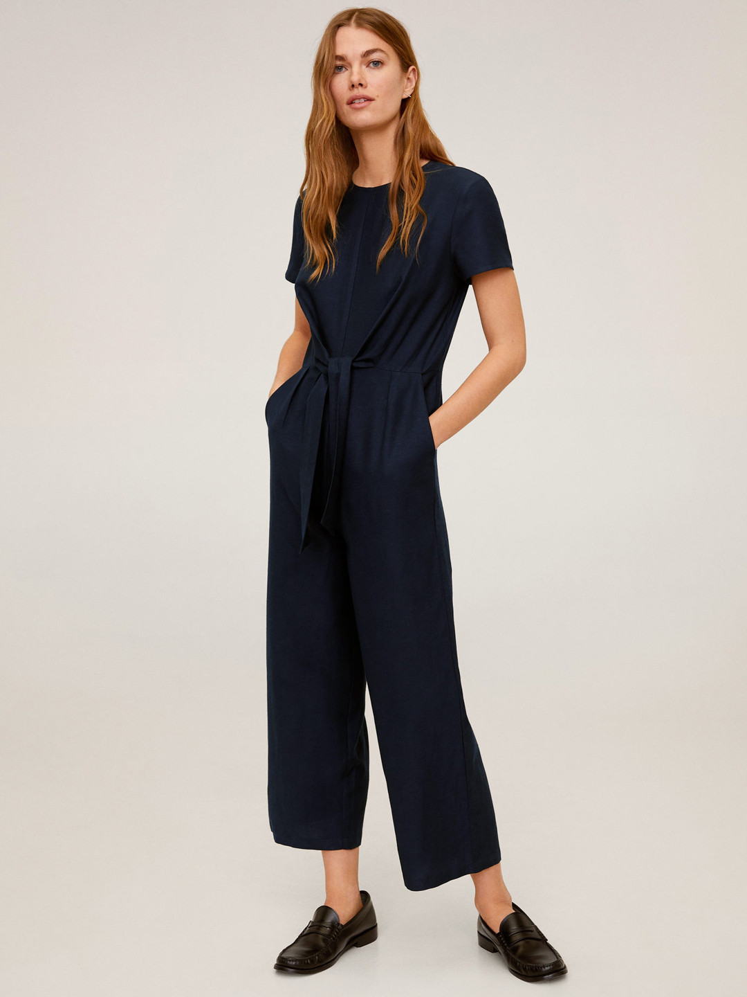 

MANGO Women Navy Blue Solid Basic Cropped Jumpsuit