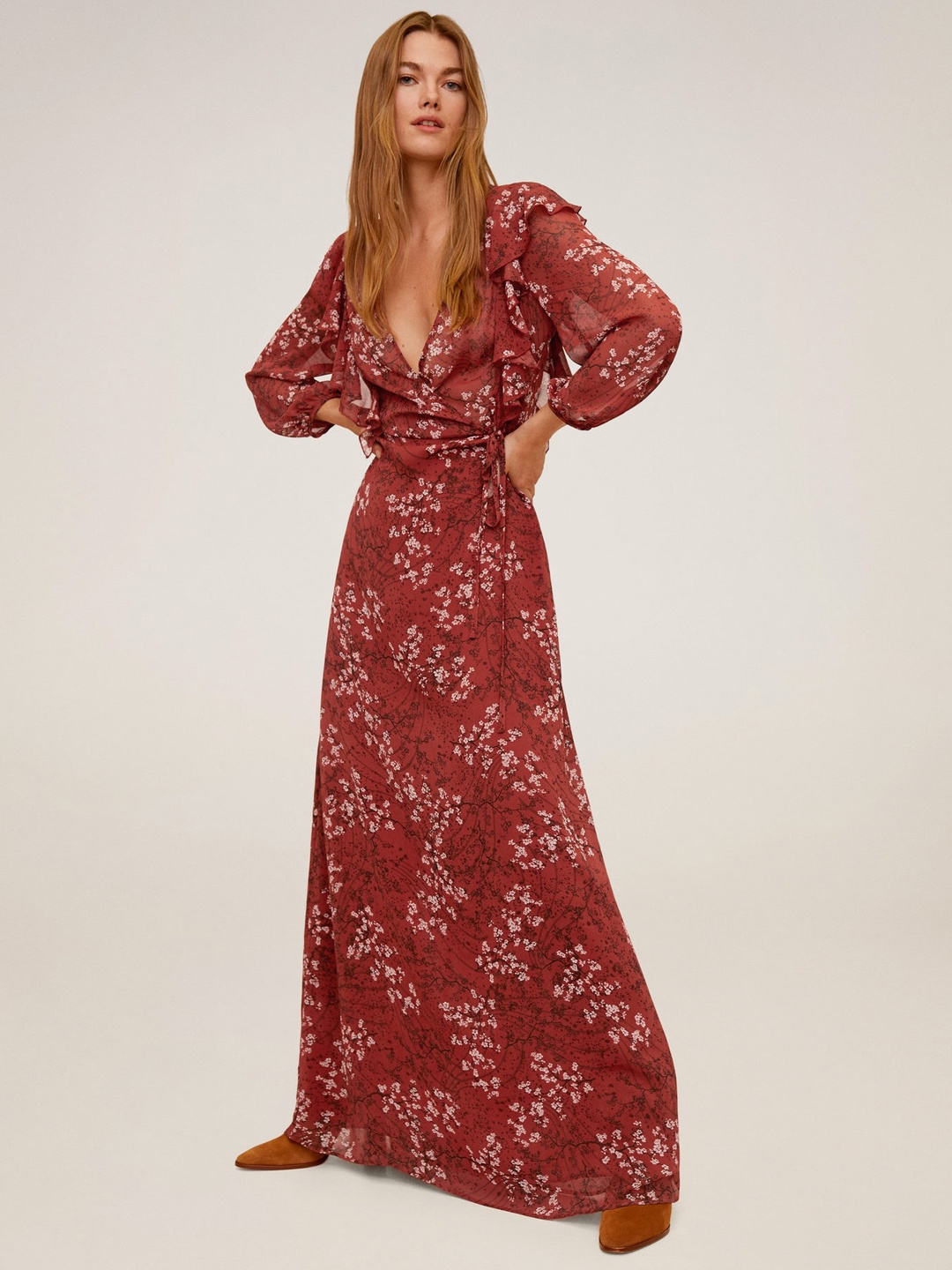 

MANGO Women Rust Red & Off-White Floral Print Maxi Dress