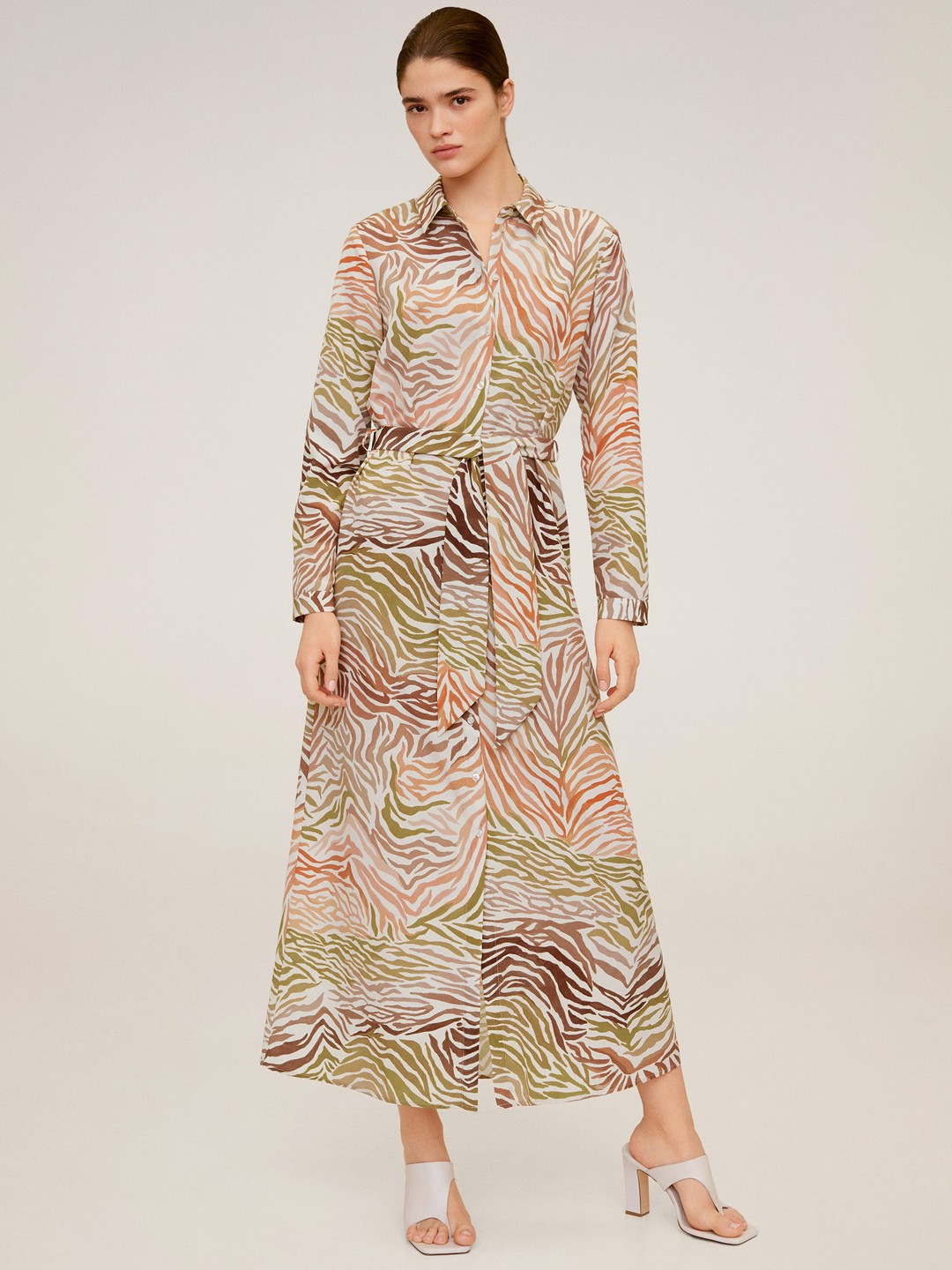 

MANGO Women Off-White & Beige Printed Shirt Dress
