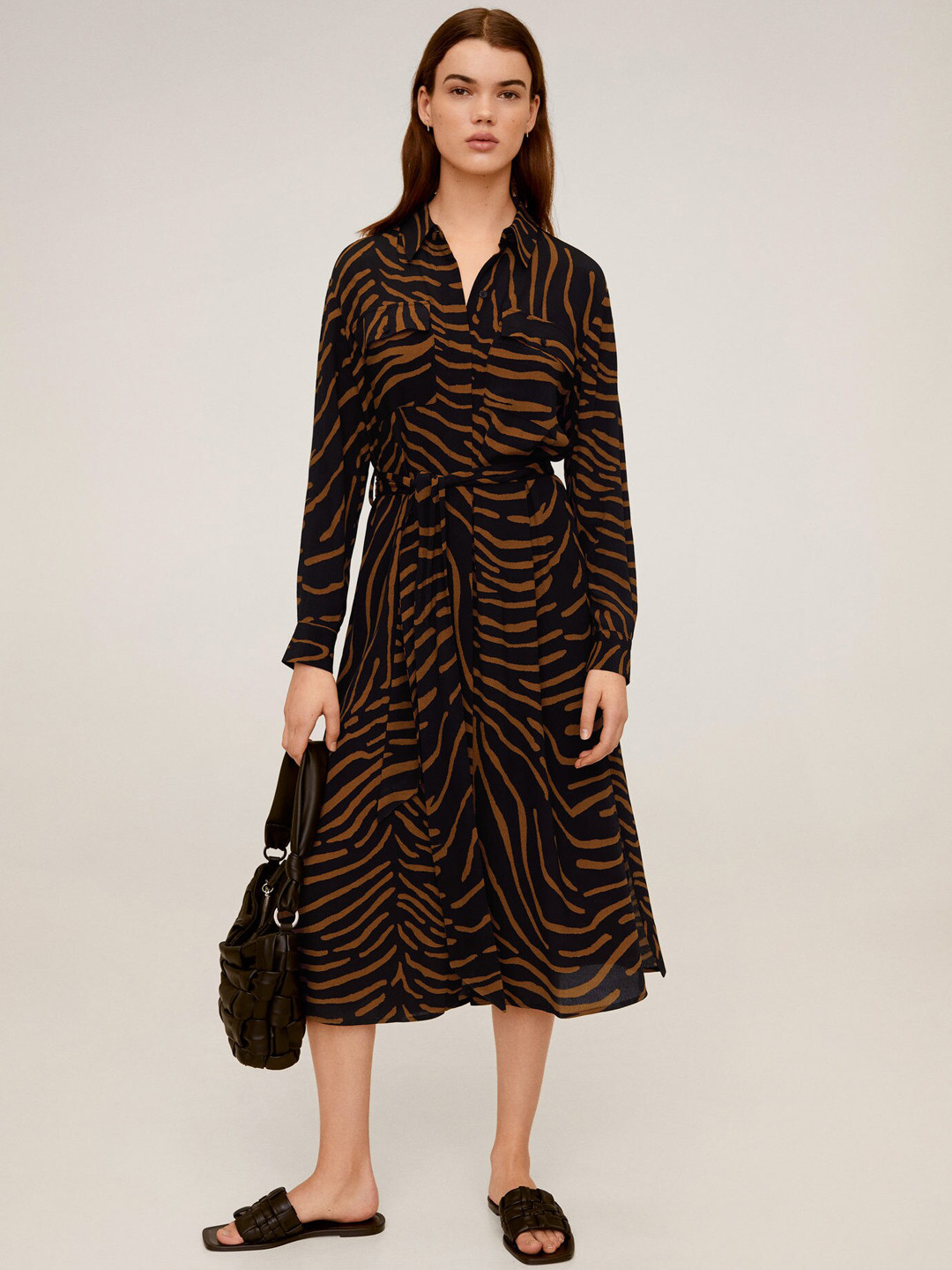 

MANGO Women Black & Brown Animal Print Shirt Dress