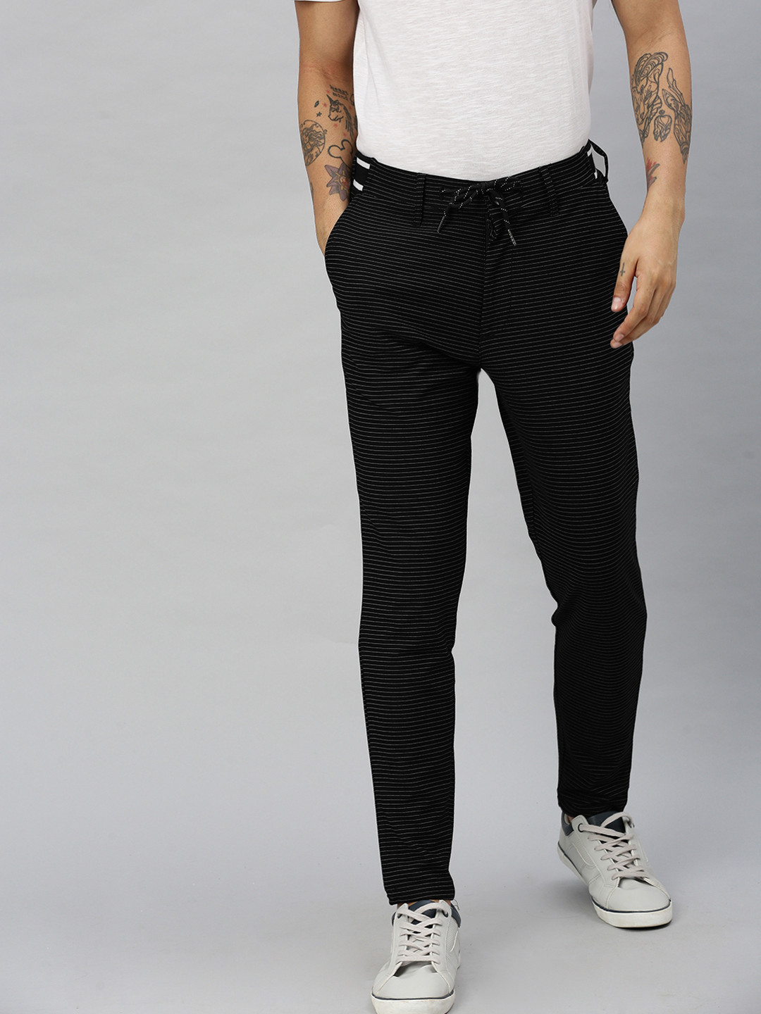 

Jack & Jones Men Black & White Slim Fit Striped Regular Trousers