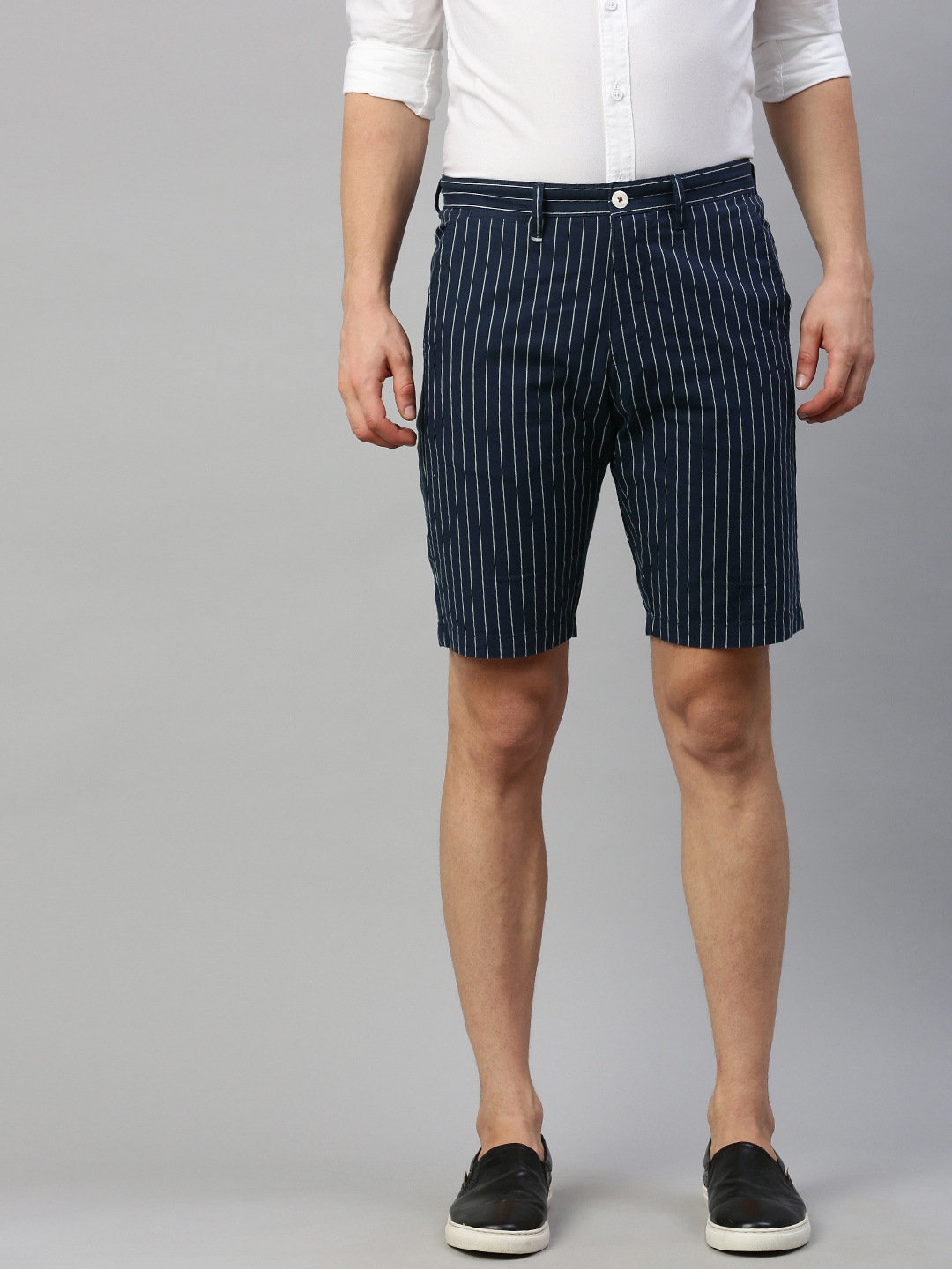 Louis Philippe Sport Men Navy Blue Striped Slim Fit Regular Shorts