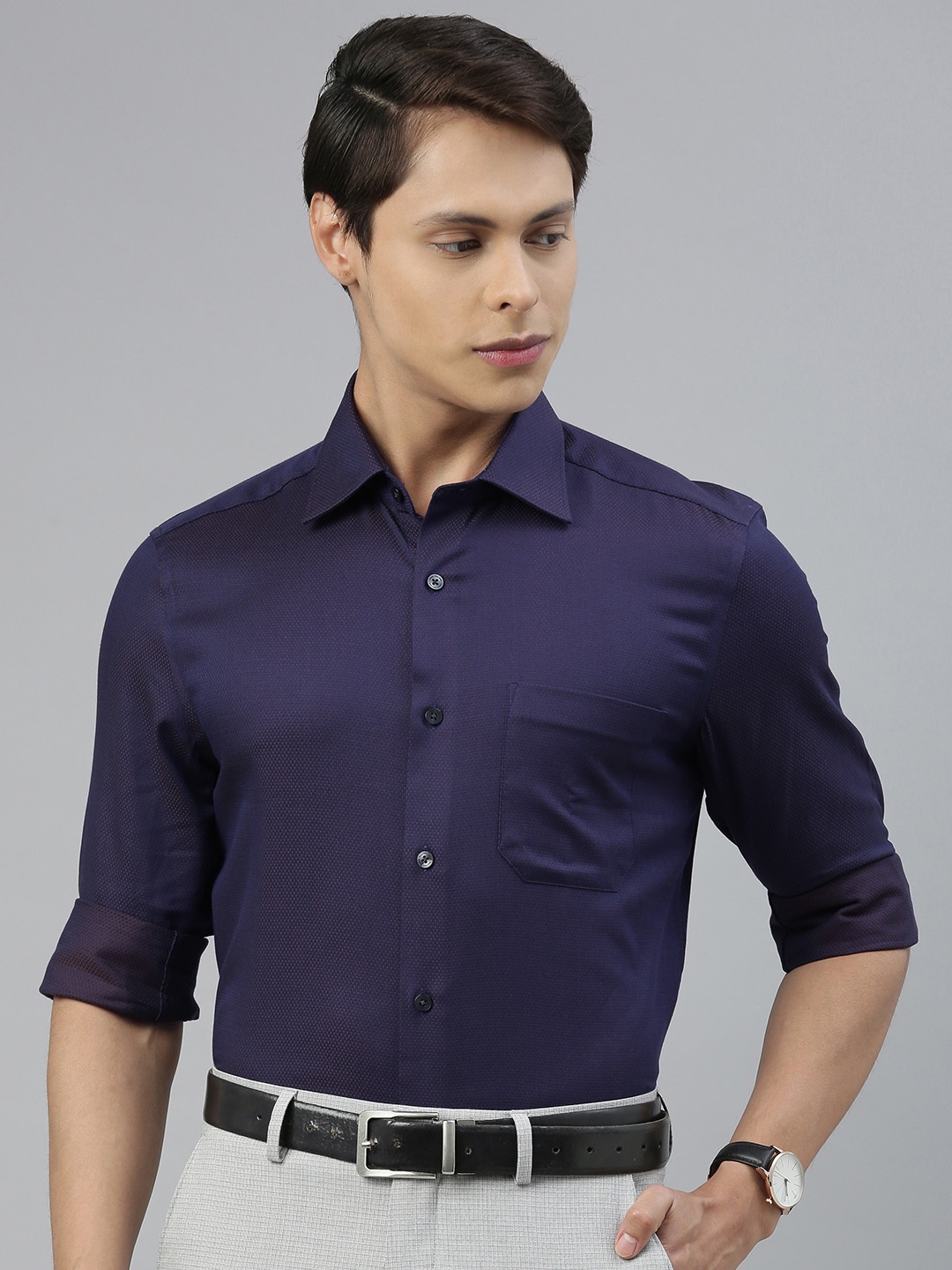

Louis Philippe Men Navy Blue & Brown Classic Fit Self Design Formal Shirt