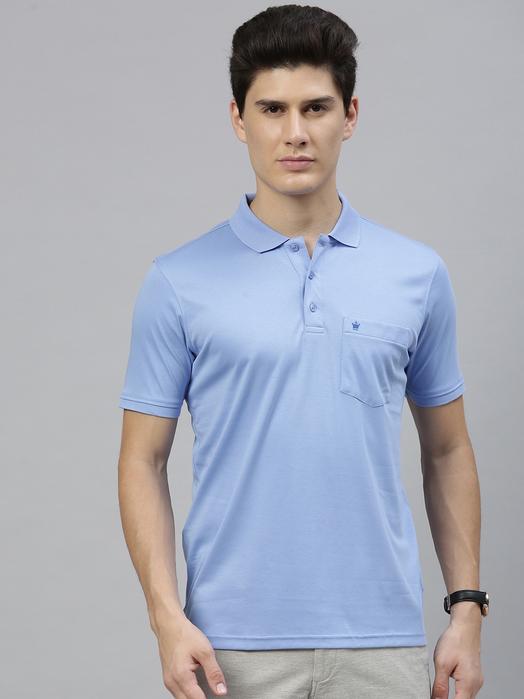 

Louis Philippe Men Blue Solid Polo Collar Pure Cotton T-shirt