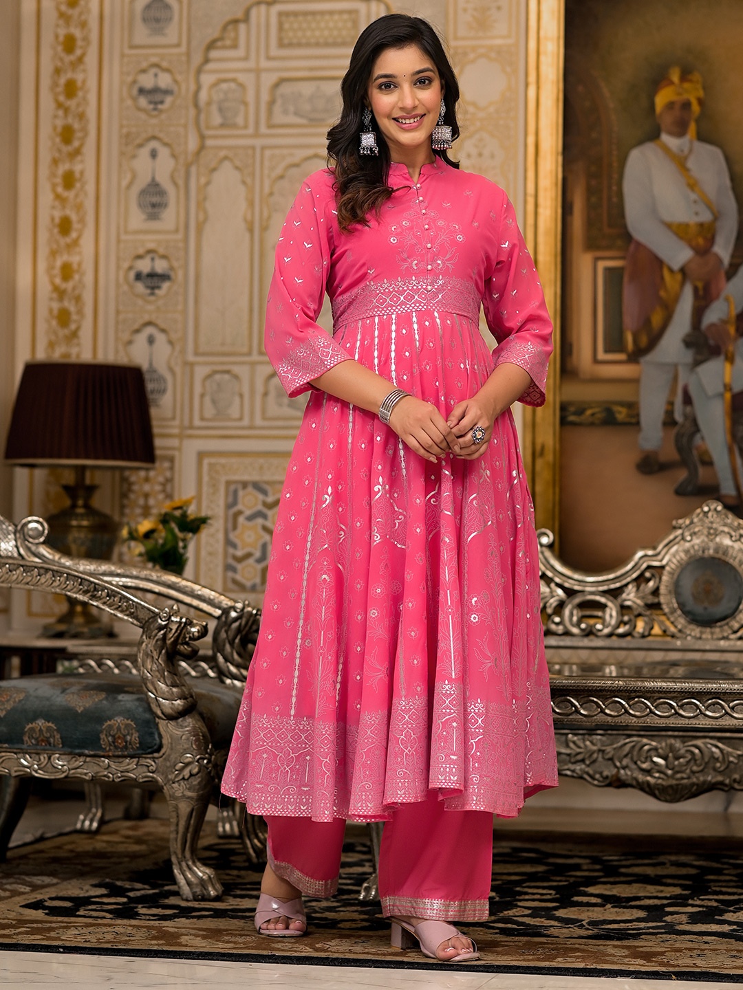 

Juniper Women Ethnic Motifs Printed Anarkali Kurta with Palazzos, Coral