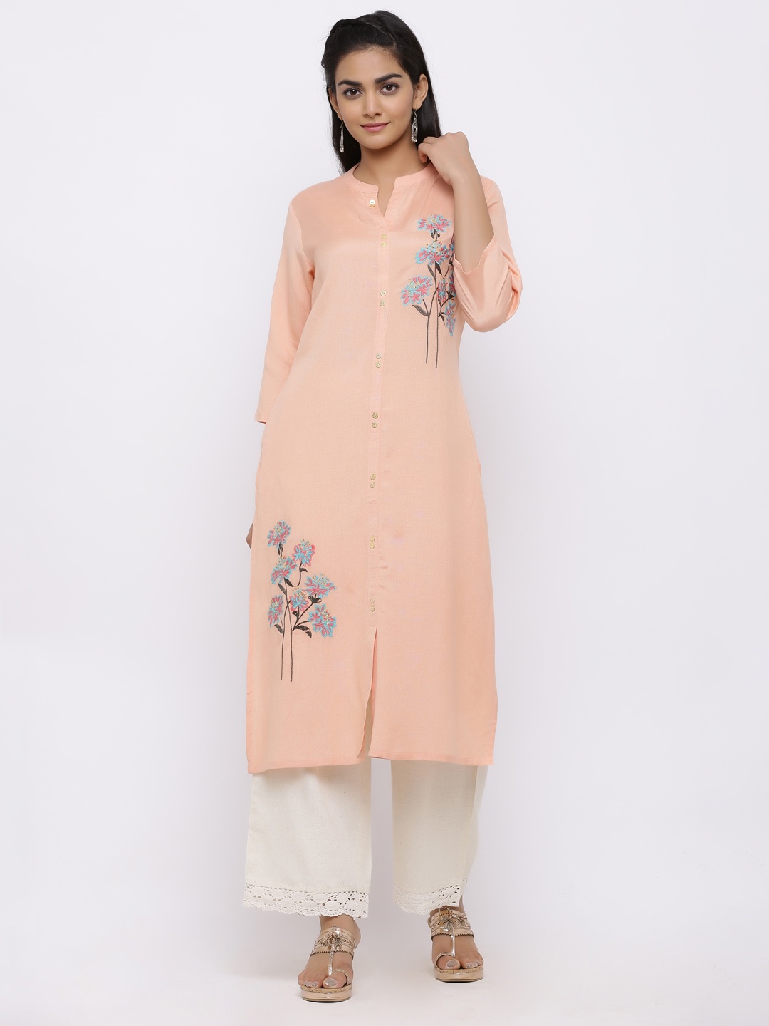 

Juniper Women Peach-Coloured & Blue Embroidered A-Line Kurta
