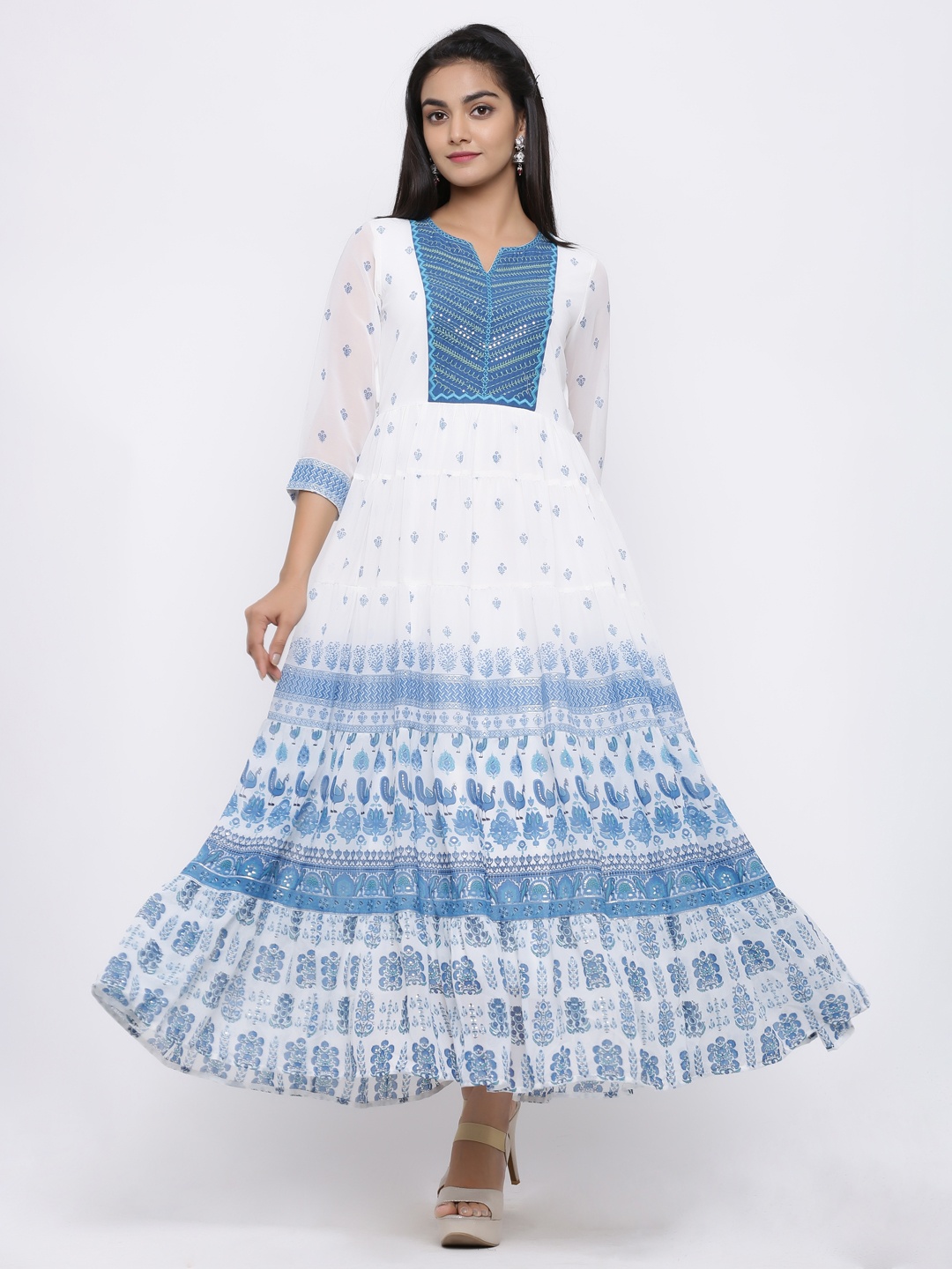 

Juniper Women Blue & White Printed Embroidered Maxi Dress