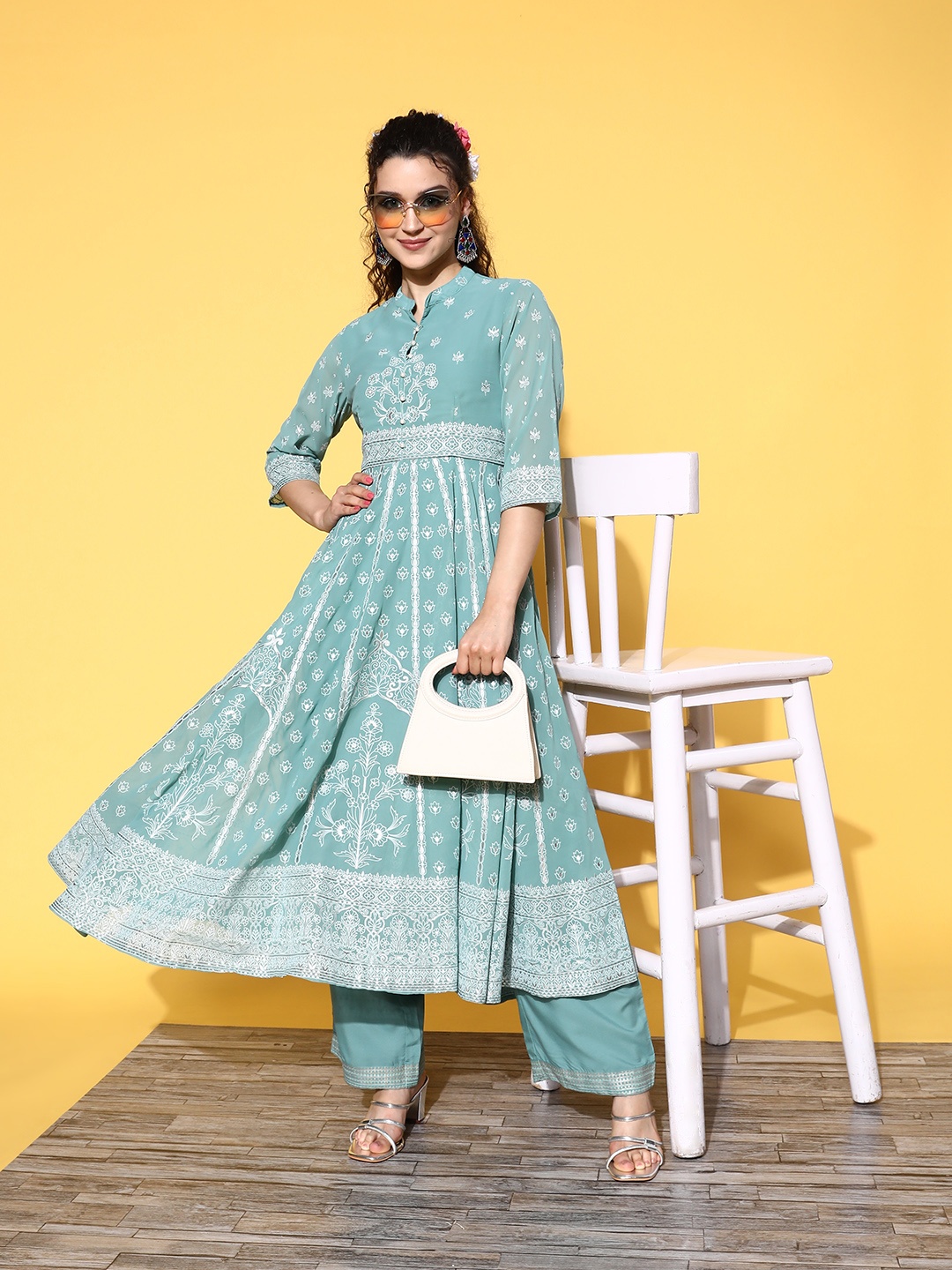 

Juniper Women Ethnic Motifs Printed Anarkali Kurta With Palazzos, Turquoise blue