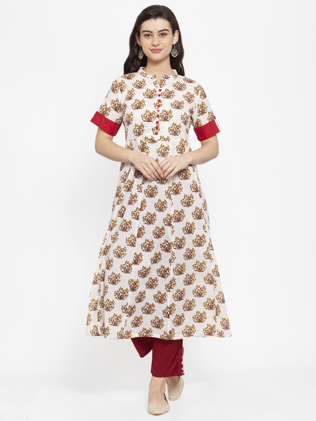 

ANAISA Women Off-White & Red Floral Printed A-Line Kurta