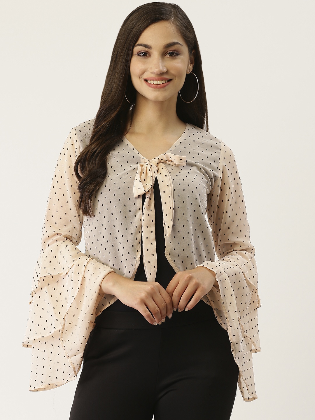 

Trend Arrest Women Peach-Coloured & Black Micro Ditsy Self-Design Tie-Up Shrug