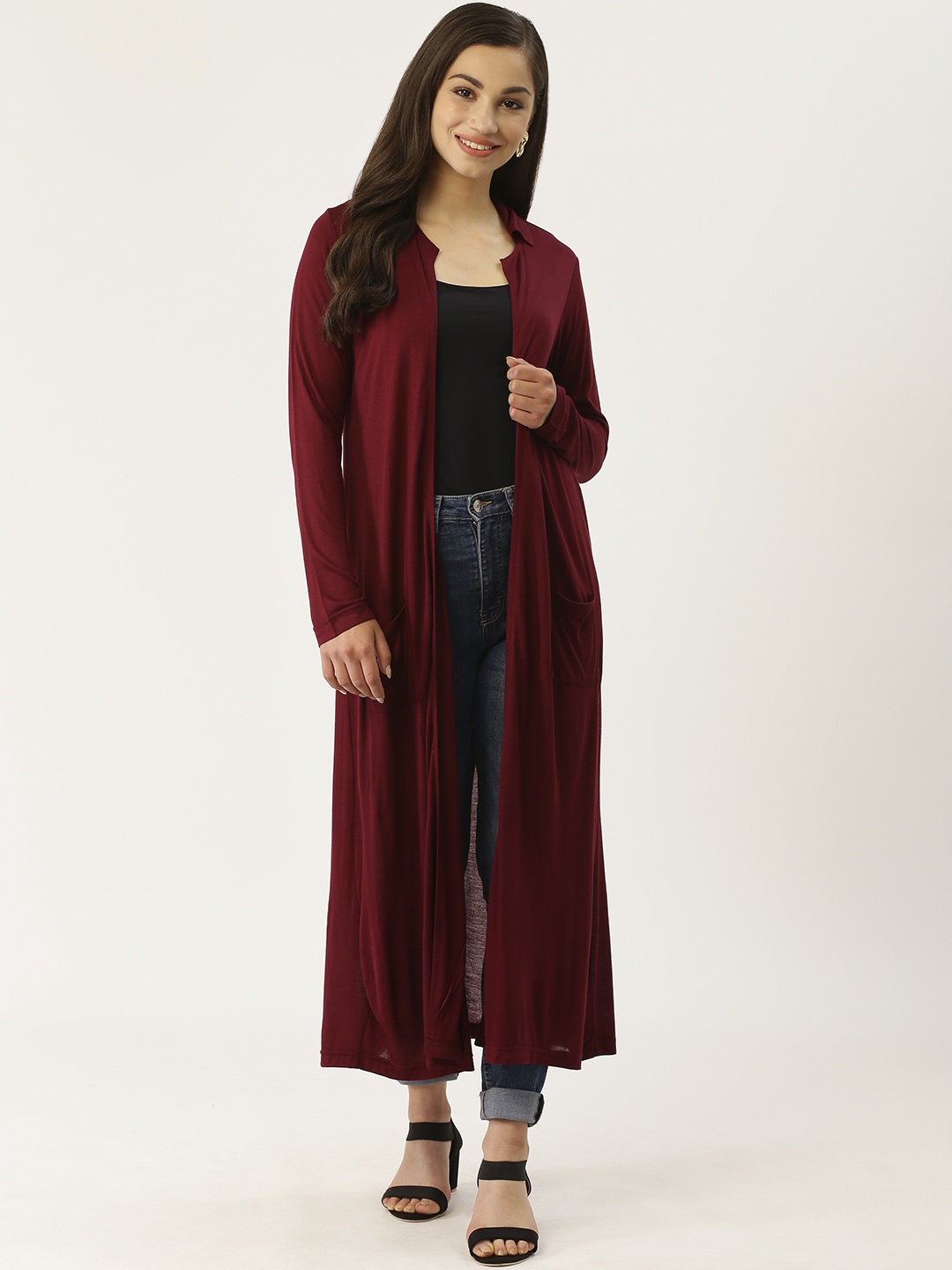 

Trend Arrest Women Maroon Solid Longline Open Front Shrug