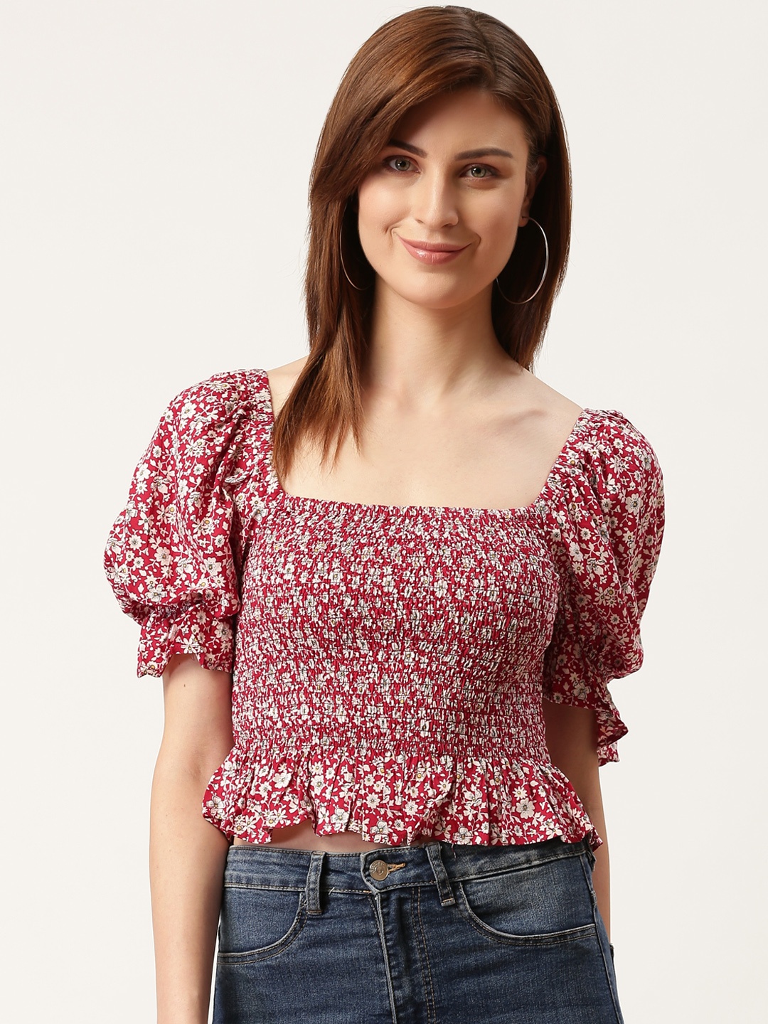 

Trend Arrest Women Red & White Floral Printed Smocked Crop Peplum Top