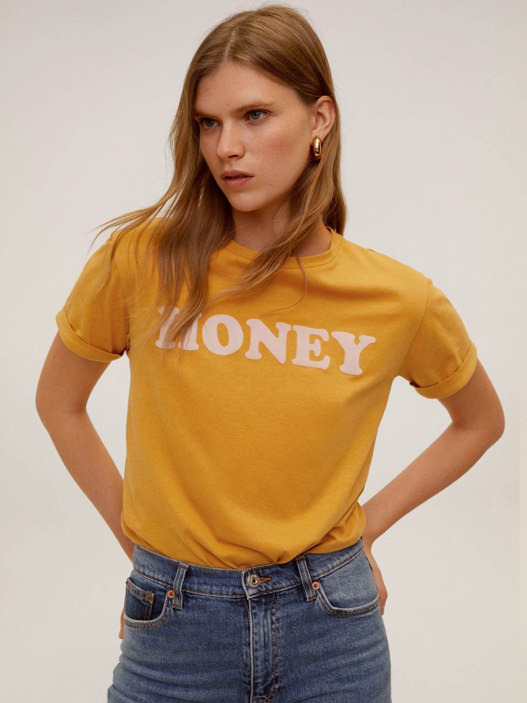

MANGO Women Mustard Yellow Printed Round Neck T-shirt