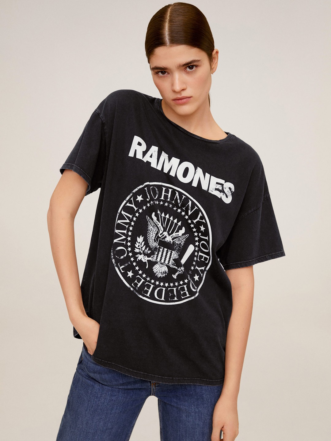 

MANGO Women Charcoal Grey Printed Round Neck T-shirt