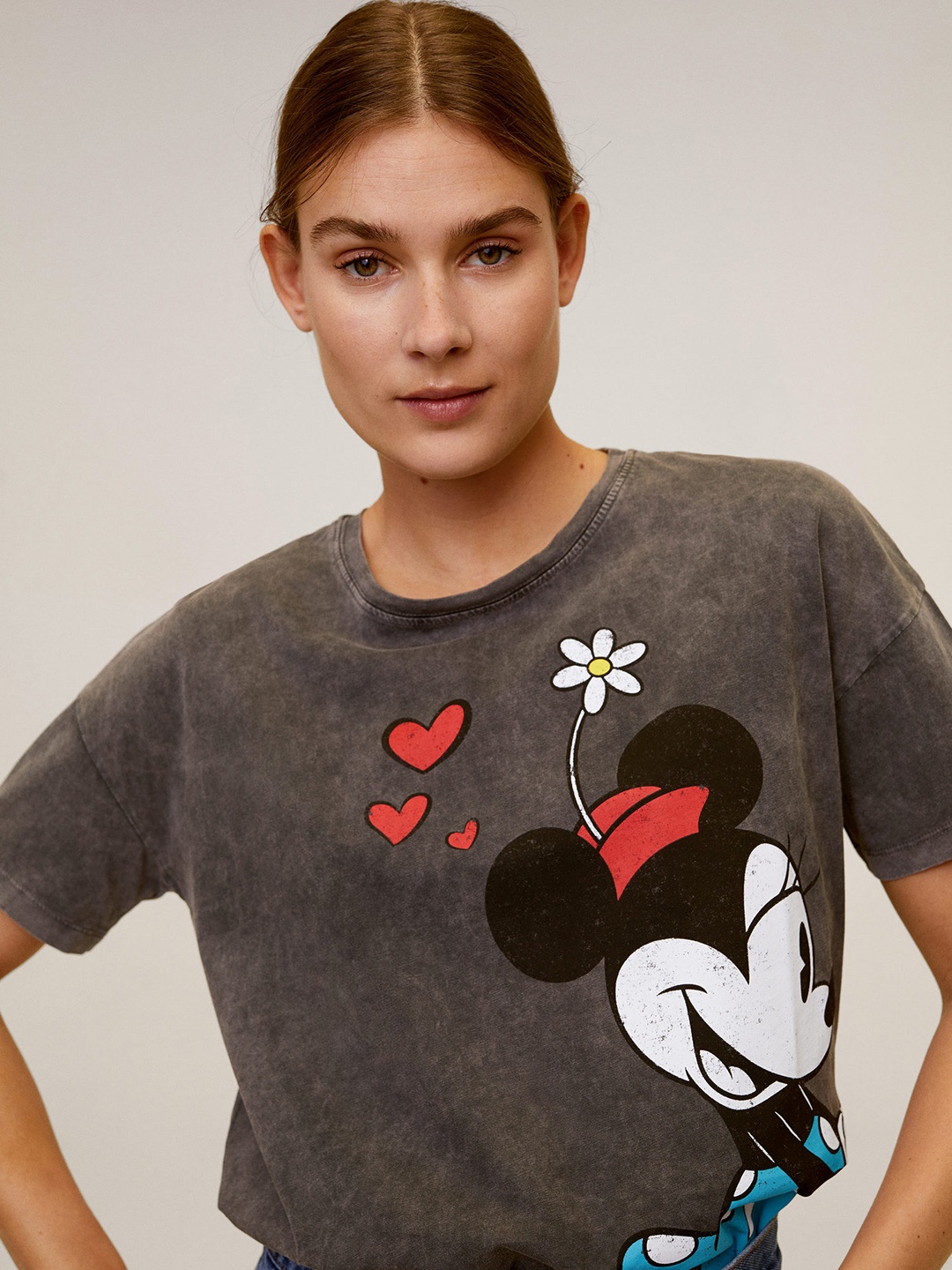 

MANGO Women Olive Green Mickey Mouse Printed Round Neck T-shirt