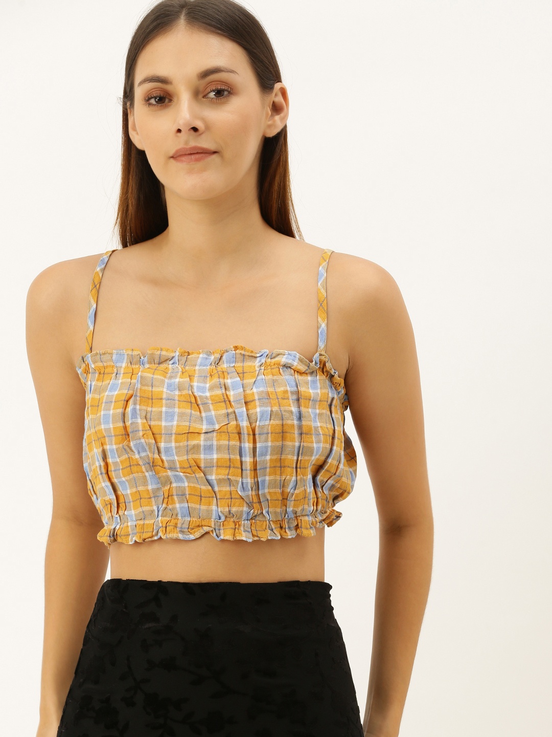 

FOREVER 21 Women Mustard Yellow & Blue Checked Blouson Crop Top with Gathered Detail
