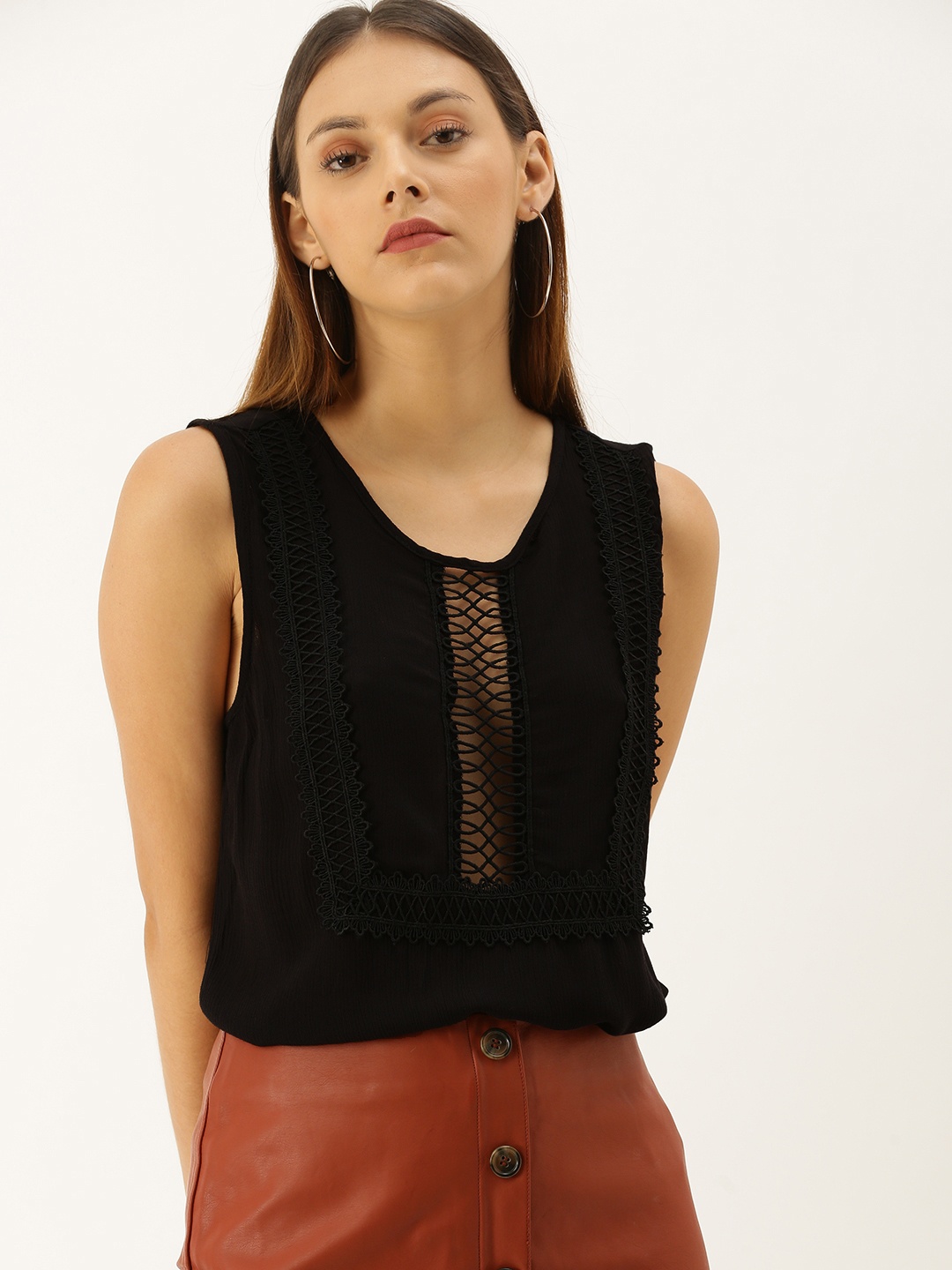 

FOREVER 21 Women Black Solid Top With Lace Detailing