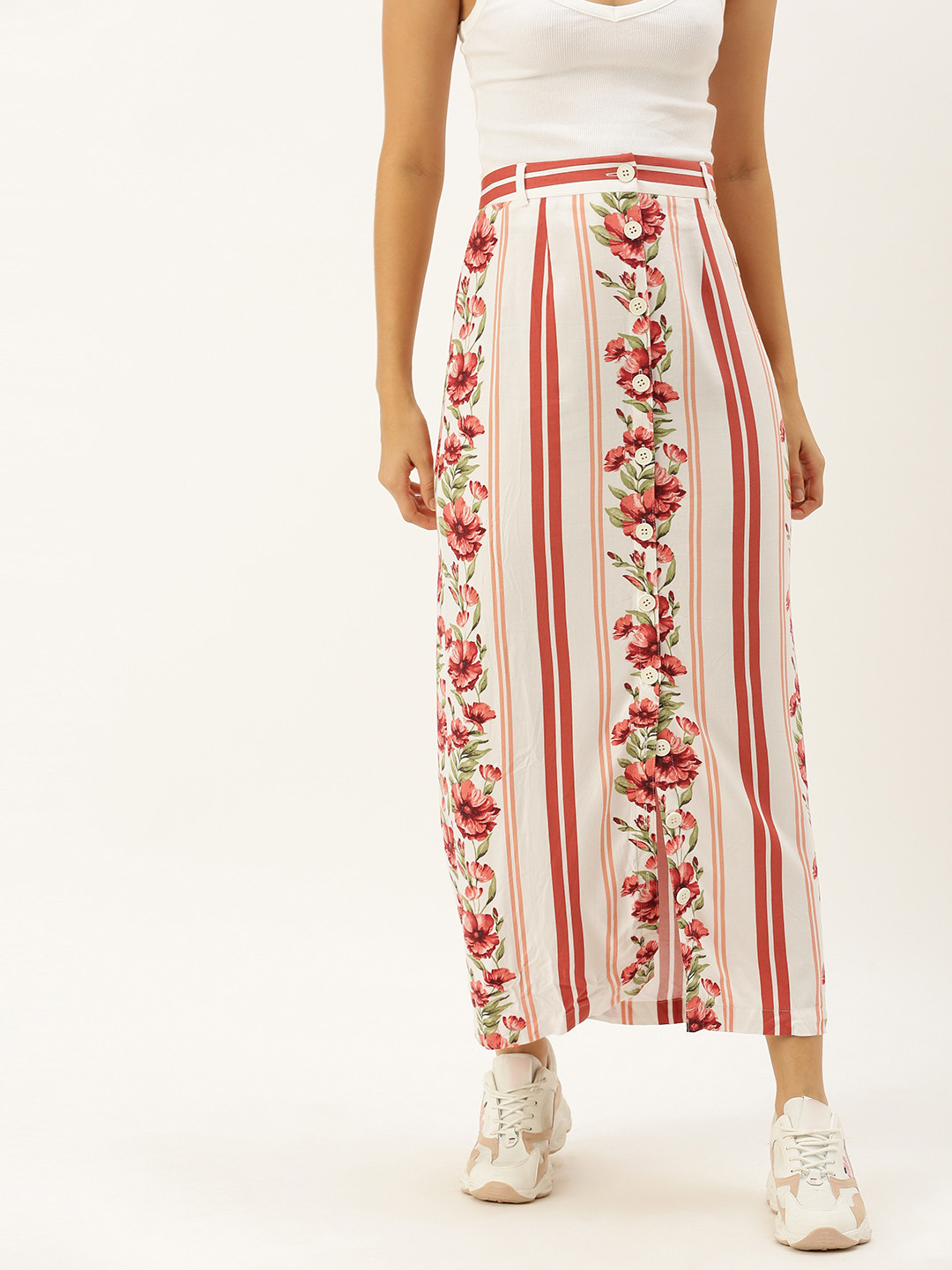 

FOREVER 21 Women White & Red Printed Maxi Straight Skirt