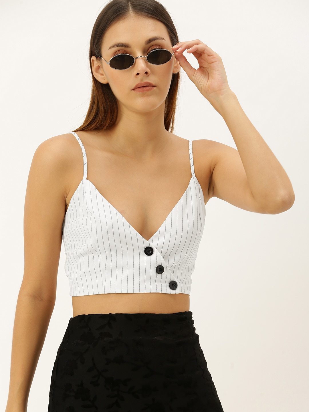 

FOREVER 21 Women White & Black Striped Crop Top