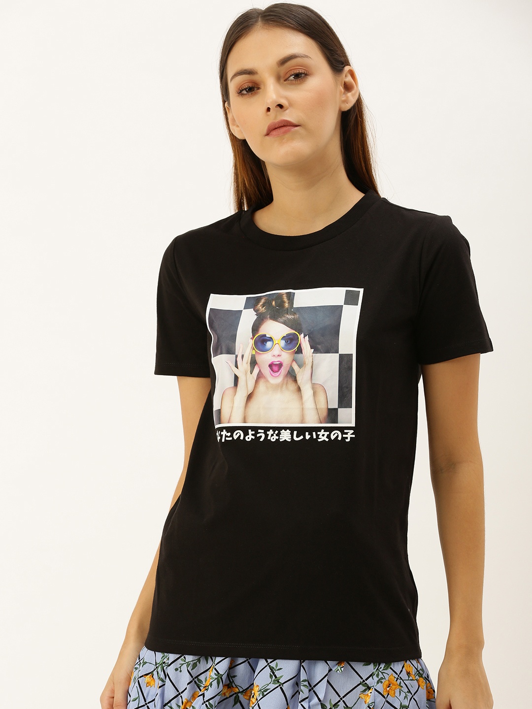 

FOREVER 21 Women Black Printed Round Neck T-shirt