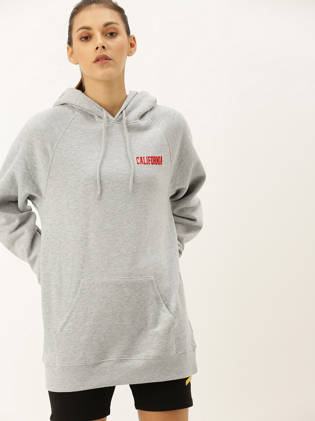 

FOREVER 21 Women Grey Solid Hooded Sweatshirt