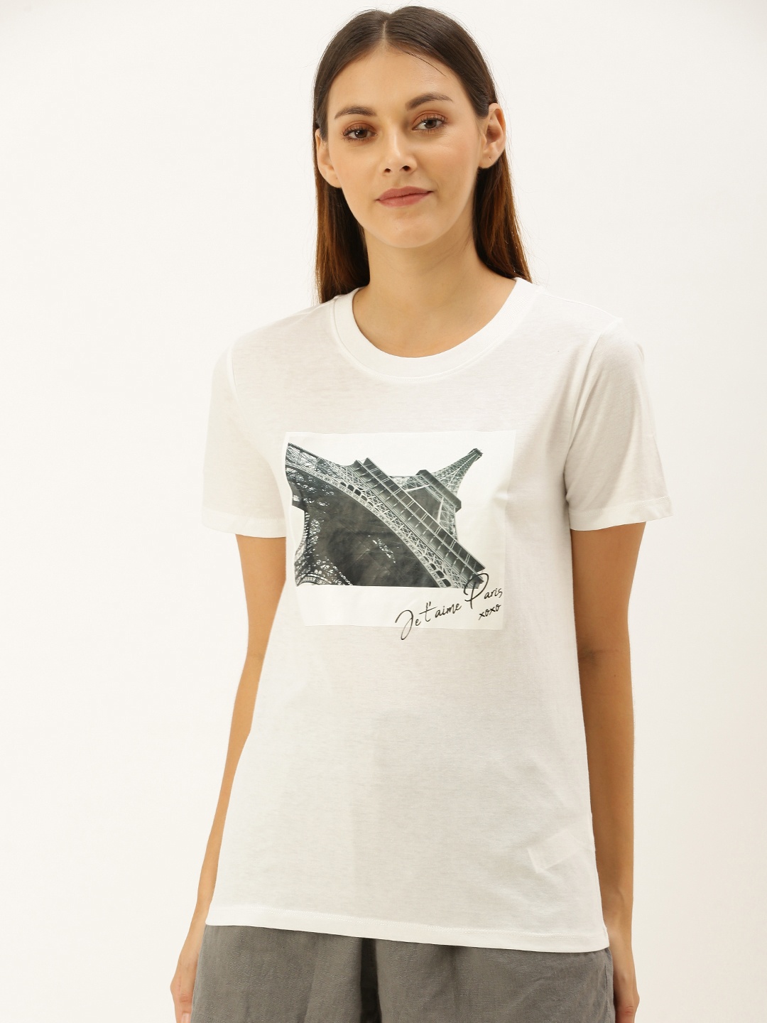 

FOREVER 21 Women Off-White & Black Printed Round Neck T-shirt
