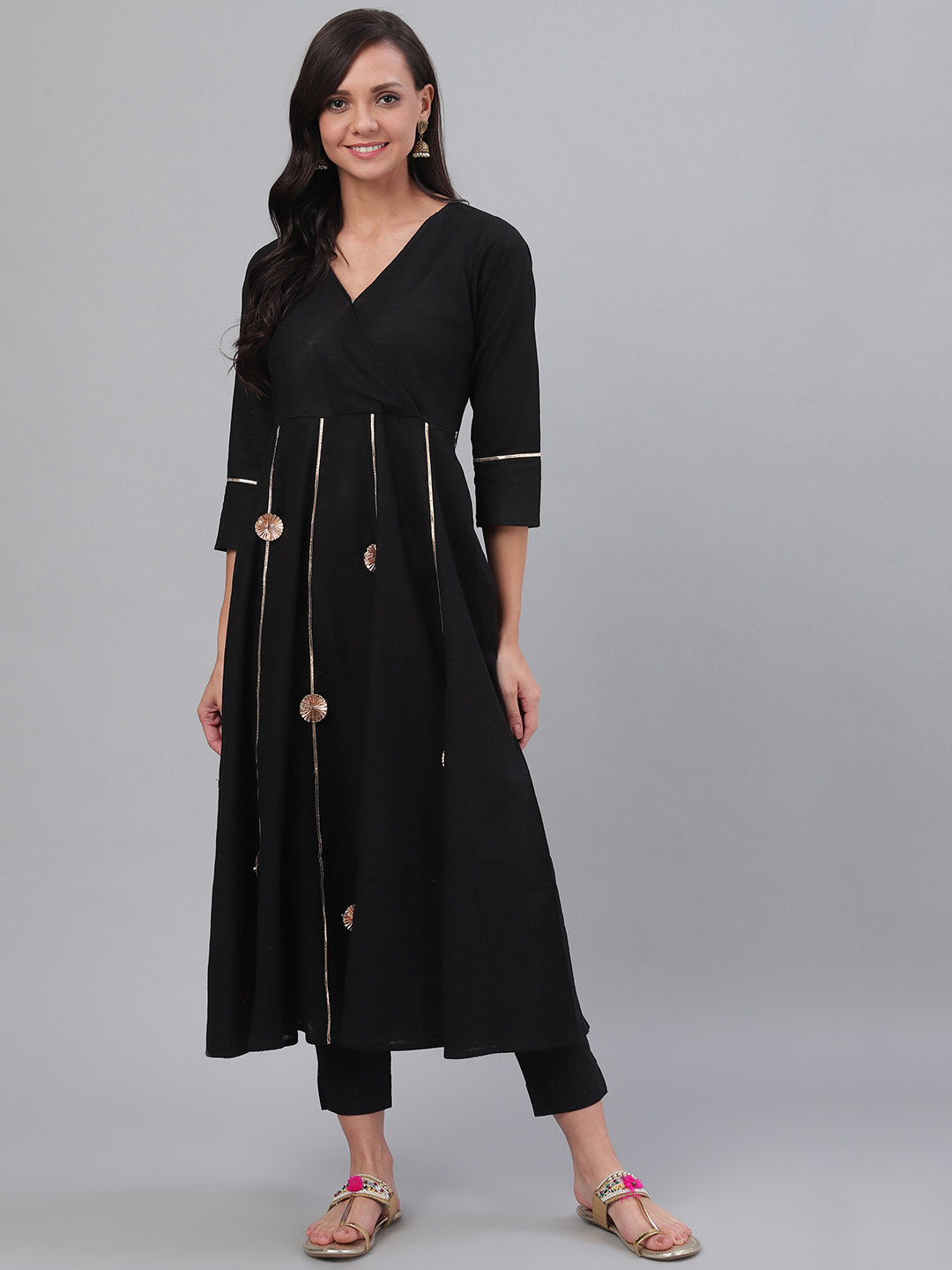 

SIAH Women Black & Golden Gotta Patti Solid Angrakha Anarkali Kurta with Crop Trousers