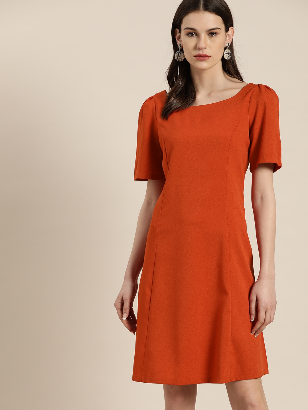 

her by invictus Women Rust Orange Solid A-Line Dress