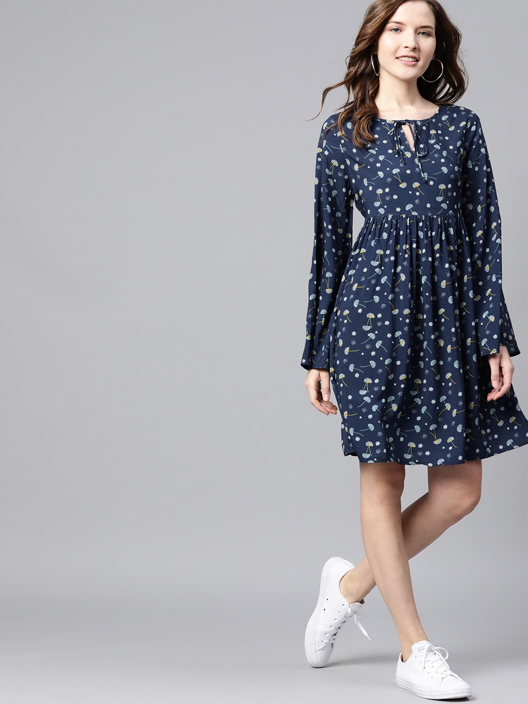 

Mast & Harbour Women Navy Blue & Green Floral Print A-Line Sustainable ECOVERO Dress