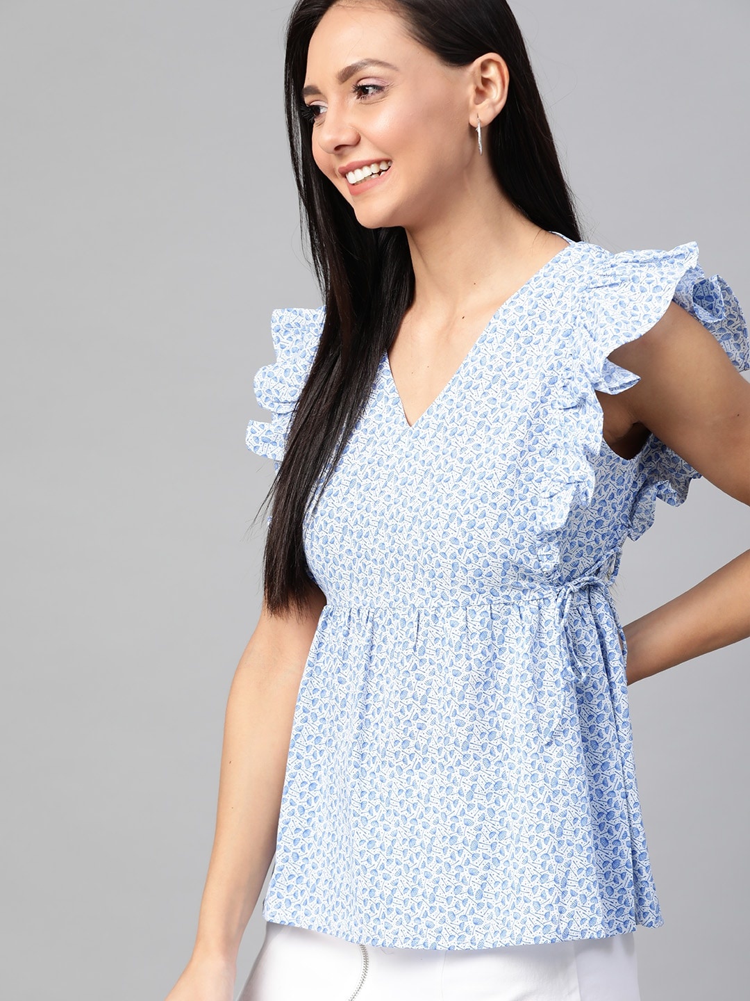 

Mast & Harbour Women White & Blue Printed Cinched Waist Top