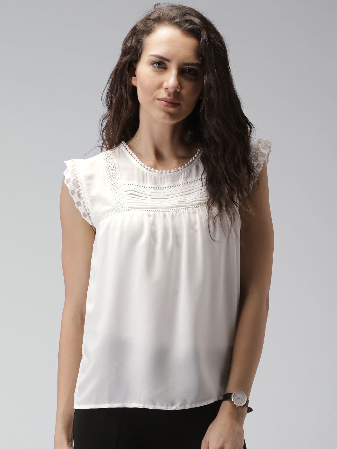 

Mast & Harbour Women White Lace Solid Pleated Pure Cotton Top