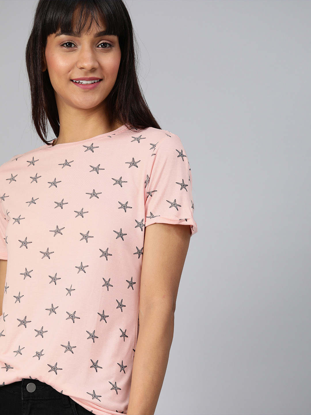 

Mast & Harbour Women Peach-Coloured Printed Round Neck T-shirt