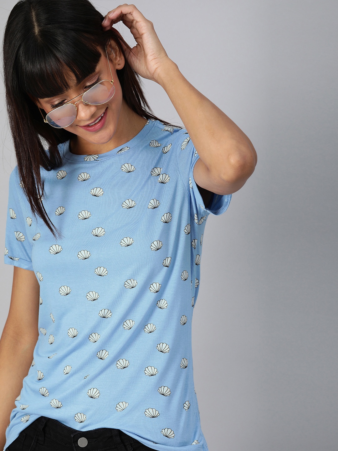 

Mast & Harbour Women Blue Printed Round Neck T-shirt