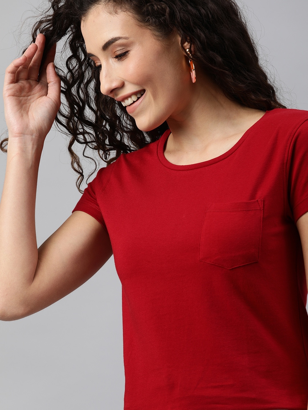 

Mast & Harbour Women Maroon Solid Round Neck T-shirt With Chest Pocket